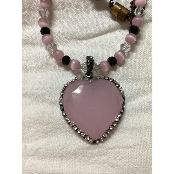 Pink Quartzlike Heart Pendant Necklace with Glass Beads & Magnetic Clasp - Picture 9 of 12